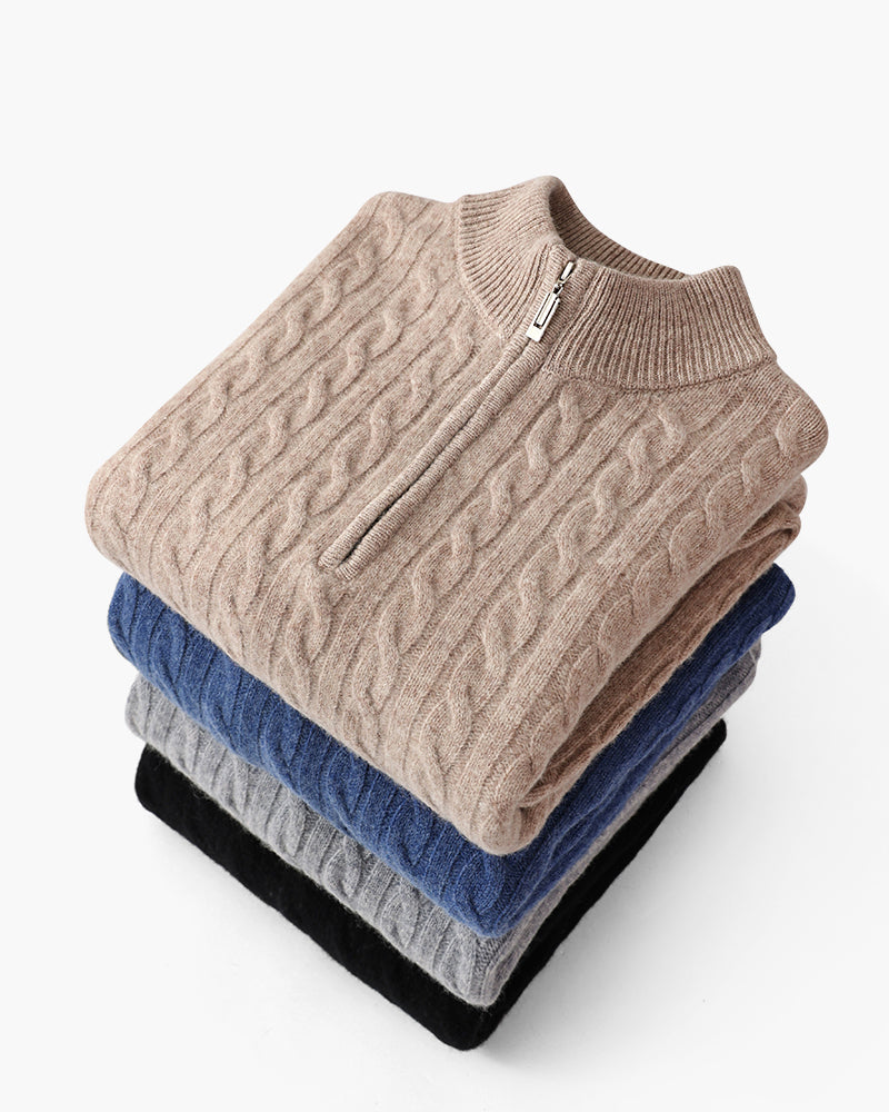 Roman | Chunky knit Herren Chasmere Pullover mit Kabelstrickmuster & Halb Reißverschluss Kragen