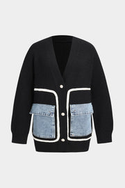 Ella | Schwarzer Strick-Cardigan mit Denim-Patches – Der perfekte Mix aus Komfort und Stil